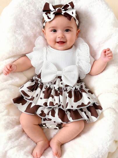 2pcs/Set Baby Girls' Casual, Elegant, Cute Outfit - Soft & Comfortable Lace Patchwork Butterfly Decor Ruffled Romper Dress & Headband Set, Suitable For Summer Daily Wear, Vacation, Party, Photography, Outdoor Activities