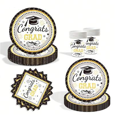 10 st. svartguldfärgade engångsserviser till examensfest, inklusive 7/9-tums papperstallrik, 9oz pappersmugg, servett, lämpliga för examensfestdekorationer och temaserviser.