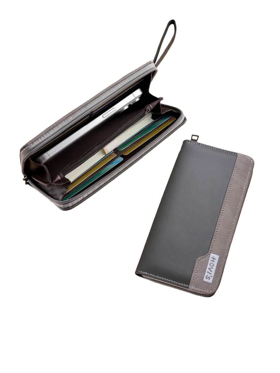 HOVI'S Men Long Wallet Two-Tone Grey PU & Suede Texture Leather - Zipper Closure Detachable Wrist Strap Large Capacity 8 Card Slots & Phone Holder Business Casual New Year Gift Valentine's Day Gift - Light Grey - View 1
