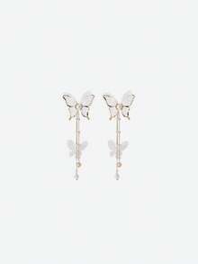 Opalesca 1 Pair Vintage Elegant Stylish Sweet Adorable Lace Rhinestone Faux Pearl Butterfly Long Tassel Earrings, Suitable For Women Everyday & Holiday Wear - Multicolor - View 2