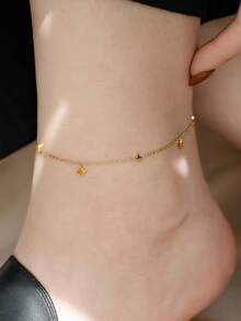 1 pieza Tobillera de acero inoxidable con flecos en forma de rombo, estilo bohemio para mujer, accesorio diario y regalo - Amarillo Oro - Ver 1