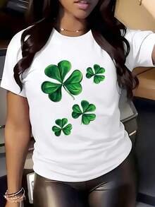 Women Round Neck T Shirt Four Leaf Clover Print St Patrick Day Celebration 220g - trắng - Xem 1