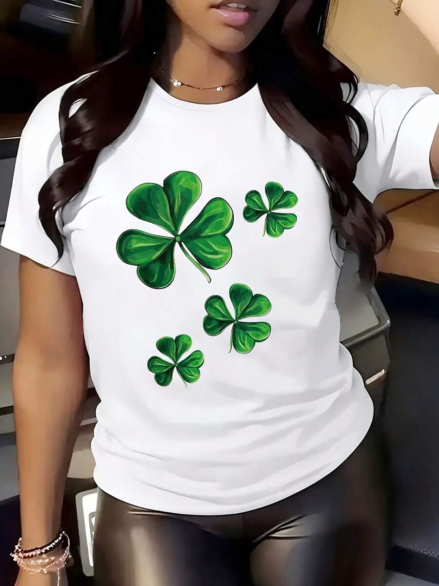 Women Round Neck T Shirt Four Leaf Clover Print St Patrick Day Celebration 220g - trắng - Xem 1