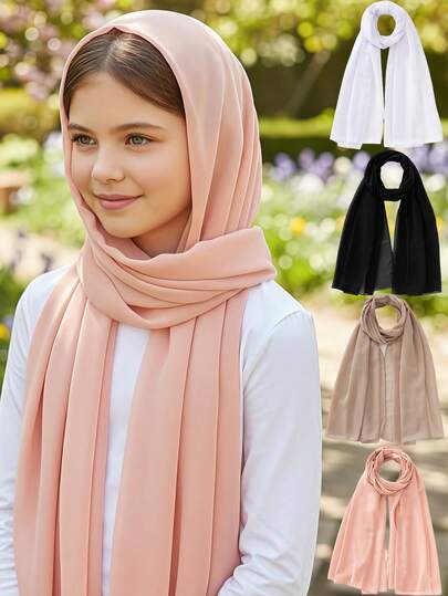 1pc Elegant Children's Faux Pearl Chiffon Scarf - Lightweight & Breathable, Suitable For Temperatures Above 25°C, All Seasons, Solid Color Malaysian Scarf