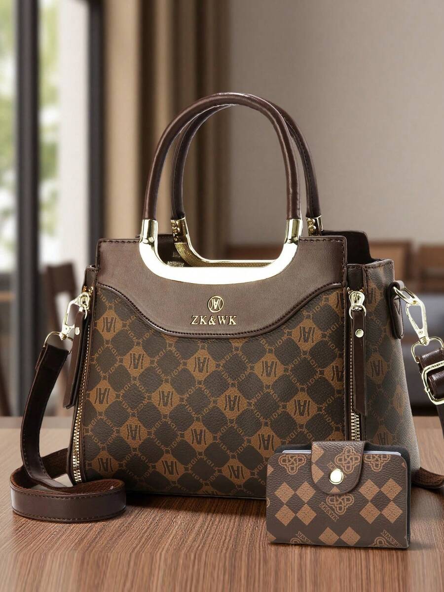 Chic 3pcs Women's Fashion Bag Set - Elegant Geometric Print, Faux Leather Tote With Crossbody & Clutch Wallet - Coffee - View 1