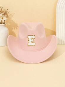 1pc Unisex Children's Letter Decor Pink Felt Brimmed Hat, 26 Letters Available, American Western Cowboy Style, Outdoor Casual Sun Hat For All Seasons, Suitable For Daily Wear, Parties, Outdoor Activities, Children's Gift - Pink - View 44