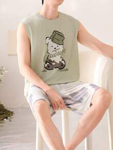 [AICJ Sleepwear]2pcs Men's Casual Loose Solid Basic Vest Top With Cartoon Letter & Bear Print, And Shorts Pajama Set, Suitable For Spring & Summer Wear - Mint Green - View 4