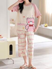 AICJ Bộ 2 món dành cho nữ và bé gái, gồm áo hồng in hình gấu hoạt hình dễ thương và chữ cái, quần lửng kẻ sọc, thích hợp mặc nhà mùa xuân/hè. - Nhiều màu - Xem 3