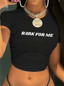 2026 Summer New Arrival  Women's Y2K Street Style "Bark Call Me" Graphic Cropped Top - Black Geometric Crewneck Short Sleeve Shirt, Machine Washable All Season Casual Top, Fashionable Dress Up Clothing, Bold Print, Stretch Material, Statement Shirt, For LoversValentine's Day Outfits Valentine's Day - màu đen - Xem 7
