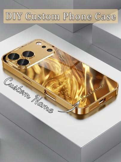 1 pièce Étui de téléphone en verre doré électrolysé avec effet de motif à feuille d'or, filtre surligneur et nom personnalisé, compatible avec iPhone 17 Pro Max/16 Pro Max/15/14 Plus/13 Pro/12 Pro Max/11/Xs Max/8/7/6 Plus