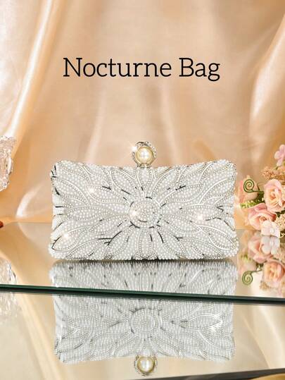 1pc Elegant Faux Pearl Box-Shaped Evening Bag, Romantic Wedding Clutch Purse, Luxury Rhinestone Decor Formal Dress Bag, Bridal Handbag, Formal Party Crossbody Chain Bag For Women