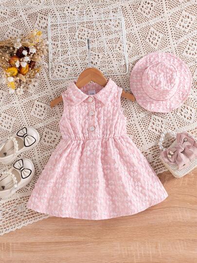 2pcs/Set Infant/Baby GirlSweet Carrot Flower Print Collared Button Front Dress With Bucket Hat, Suitable For Daily, Outdoor, School, Commute, Vacation, Photography, Streetwear