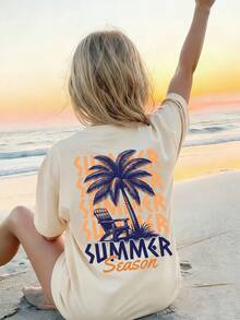 1pc Girls Casual Printed Round Neck Short Sleeve T-Shirt, Summer Student Youth Clothing - Coconut Tree & Letter Print T-Shirt Brings Joy And Happiness To Every Child! SUMMER Season - Apricot - View 1