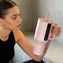 HYDROJUGs 40oz Luxe Black & Cream Checkered-Stripe Stainless Steel Insulated Tumbler With Gold Rim Accent, Ergonomic Black Handle & Secure Slide Lid, Double-Wall Vacuum Travel Mug For Daily Commute, School, Coffee Runs, Camping Trips & Office Breaks, Ideal Christmas & Halloween Gift For Family, Friends & Retro Luxury Enthusiasts - 40oz Pink and White Checkered - View 4
