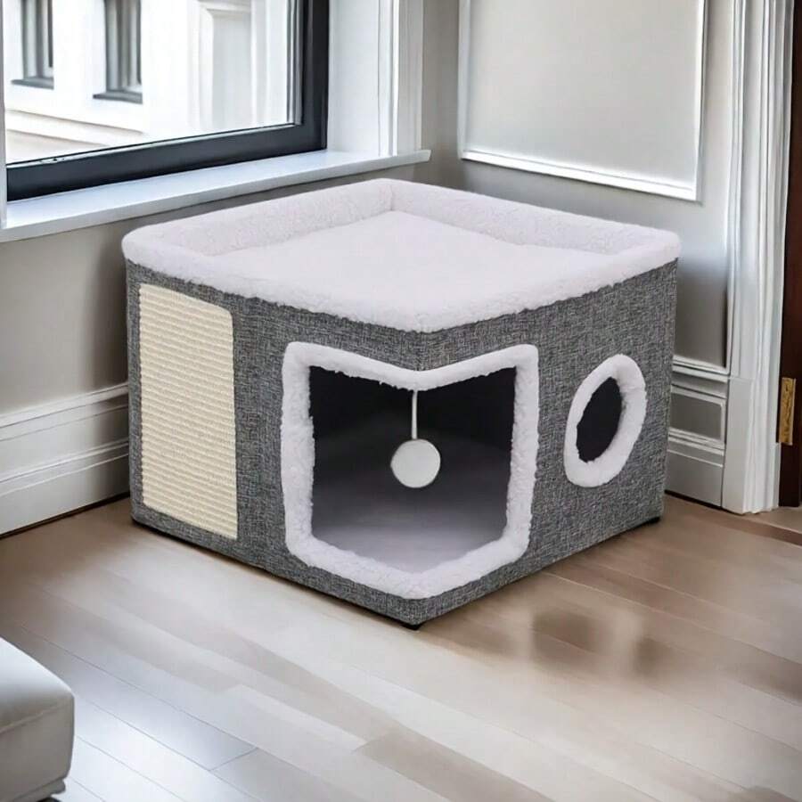Luxury Multi-Layer Cat House - 2-Tier Bed, Toy Tunnel, Foldable Sofa, Climbing Rope And Soft Pad - Indoor/Outdoor Cat Activity Cube, Velvet Hanging Ball, Durable Nylon Frame And Canvas Material - Perfect Home For Year-Round Comfort - Grey - View 1
