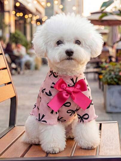 1 pieza Ropa para mascotas, Ropa para perros y gatos para Poodle, Teddy, Perros y gatos pequeños, Suéter cómodo, cálido y con lazo, adecuado para el Día de San Valentín