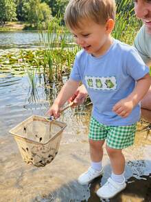 Toddler Baby Boys Frog Outfit 2Pcs Infant Summer Clothes Embroidery Short Sleeves T Shirts And Gingham Shorts Set - 藍色 - 查看 5