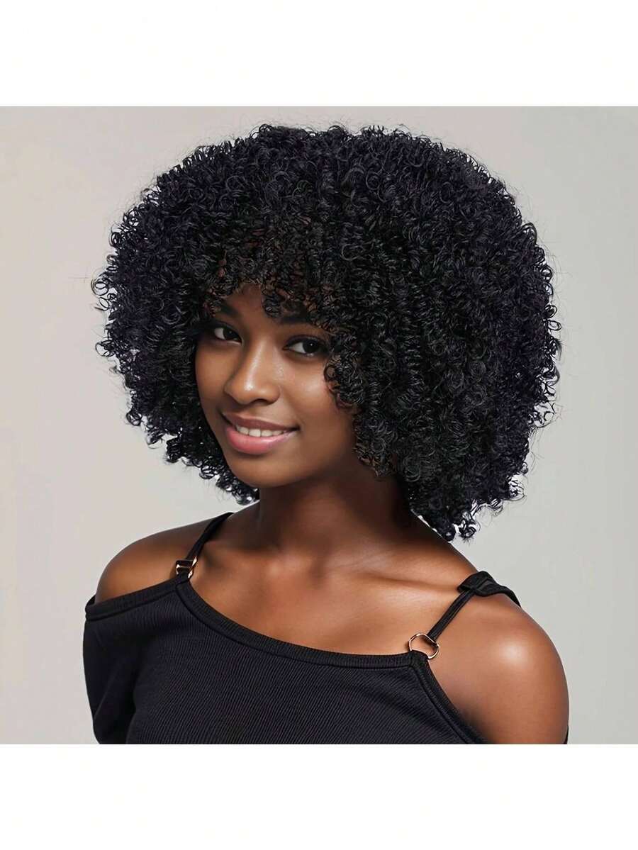 Afro Kinky Curly Human Hair Wig With Bangs For Women Black Brazilian Remy Full Machine Made Hair Without Glue And Gel - Natural Black - View 1