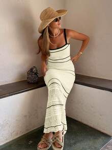 Women's Elegant Soft Minimalist Black & White Striped Sleeveless Fitted Maxi Knit Dress, Casual Beach Hollow Out Bodycon Mid-Length Crochet Swimsuit Cover Up, Spring/Summer/Autumn - Light Yellow - View 5