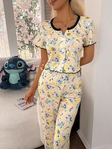 Women's Pajamas Stitch Print Lace Trim Rolled Button Short-Sleeve And Long-Pants Set - Multicolor - View 4