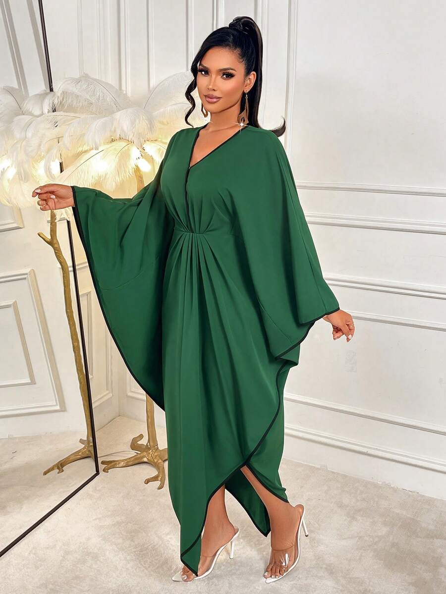 AIJ Robe maxi Amarilo pour femmes avec blocs de couleurs pour le Ramadan - Manches chauve-souris à volants avec lien, ourlet asymétrique, élégante pour l'Aïd - Vert - Voir 1