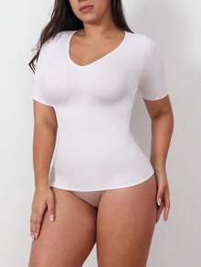 1 pieza Camiseta interior moldeadora sin costuras de cuello en V, camiseta interior con cintura ceñida para mujer - Blanco - Ver 4
