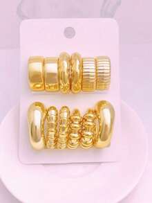 6对装女士金色圈形耳环套装，厚C形不对称圆形纹理耳环套装 - 金色 - 查看 2