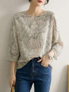 YUXIN 女士夏季宽松抽象印花薄款七分袖T恤，简约套头休闲上衣 - 杏色 - 查看 9