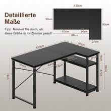 Gunji 110cm L-Shaped Desk, Reversible Corner PC Workstation With Shelves & Hooks For Home Office & Bedroom - 黑色 - 查看 8