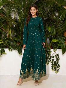 Women's Elegant Green Gold Foil Print Round Neck Long Flare Sleeve Arabic Style Dress - Green - View 4