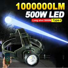 مصباح رأس LED قوي 1,000,000 لومن قابل للشحن ببطارية 18650، إضاءة رأس عالية القدرة مع زووم 3000 متر، مصباح رأس صيد فلورسنت، معدات تخييم، ضروريات التخييم - أخضر عسكري - مشاهدة 2