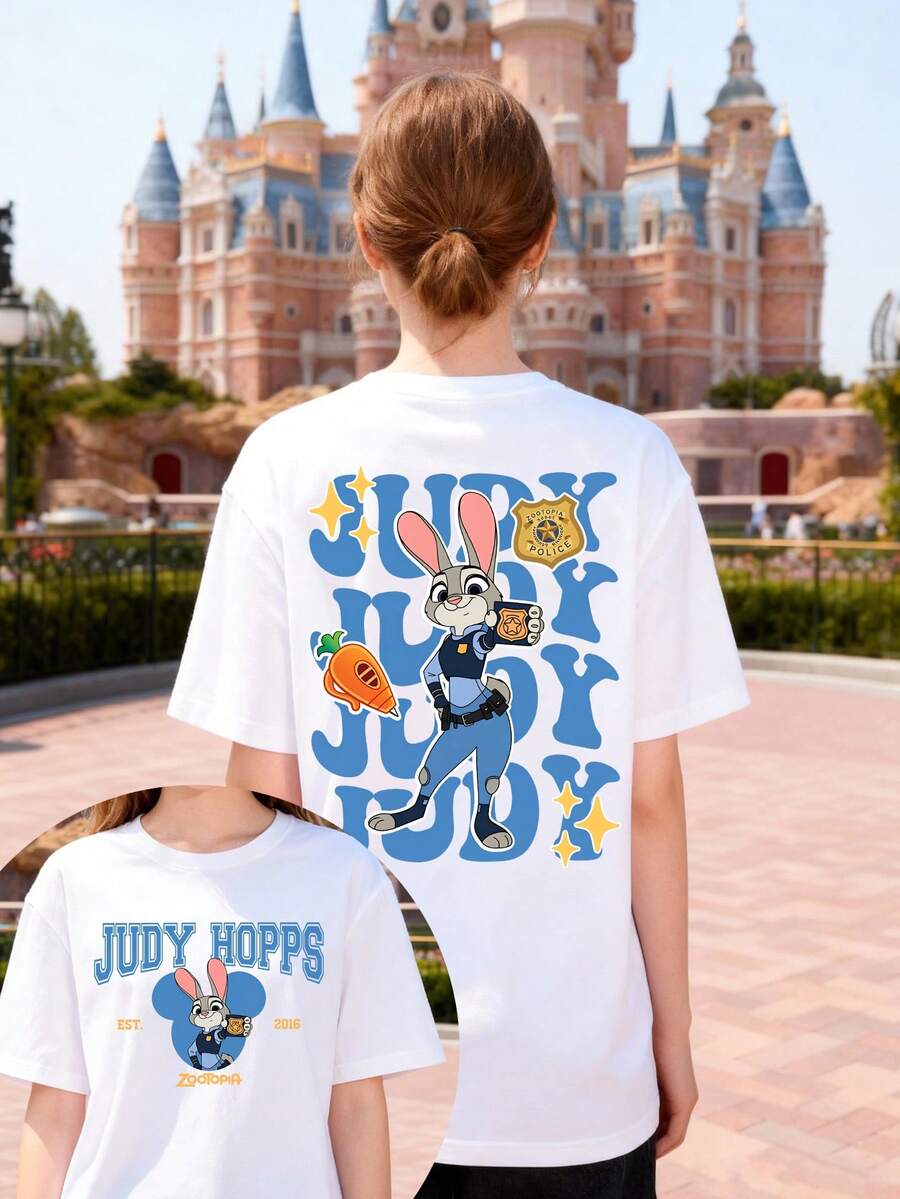 Disney Women's T-Shirt Featuring A Front Print Of Zootopia's Officer Judy Hopps Cartoon Lettering In A Reversible Design. Crafted From Soft, Comfortable, And Durable 100% Cotton Fabric. This Spring/Summer Women's Crew Neck T-Shirt Is Perfect For Everyday Wear, Shopping, Parties, Travel, Gatherings, And Makes An Excellent Gift. - White - View 1