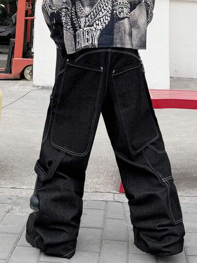 1 chiếc quần jeans nam dáng rộng, ống rộng, có túi lớn, phong cách đường phố thoải mái, phù hợp cho mọi mùa (Không bao gồm thắt lưng và phụ kiện)