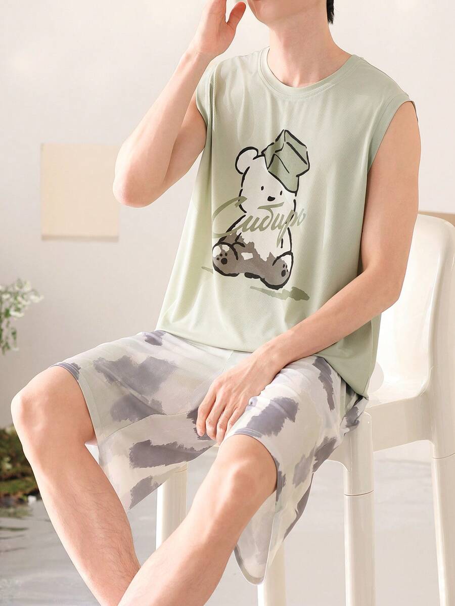 [AICJ Sleepwear]2pcs Men's Casual Loose Solid Basic Vest Top With Cartoon Letter & Bear Print, And Shorts Pajama Set, Suitable For Spring & Summer Wear - Mint Green - View 1