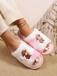 Pantufas femininas felpudas com tiras cruzadas e bico aberto, pantufas antiderrapantes para uso interno com design 3D moderno. - Rosa - Ver 5