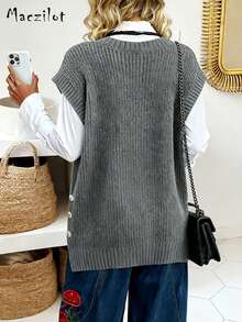 大码女式宽松舒适V领无袖套头毛衣背心 - 灰色 - 查看 6