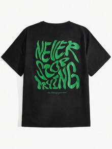 Graphic Tees Women Manfinity VCAY Men's Knitted Round Neck Letter Print Casual T-Shirt, Summer Men's Summer Casual 180g Pure Cotton T-Shirt Patterned Printed Short Sleeved Top T-Shirt - Black - View 8