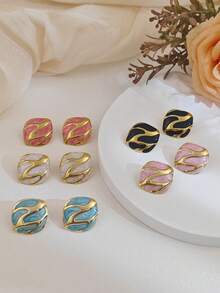 New Retro Irregular Square Personalized Stainless Steel Stud Earrings For Women Exquisite And Unique Non-Fading Waterproof Gold Oil-Dropping Women Earrings European American Ins Style Earrings Women Spring Jewelry Summer Beach Vacation Bikini Accessories Attractive Clothes, Wedding Dresses Accessories - Versatile JewelryPerfect For Wearing While Swimming, Bathing, Exercising ,Great For Valentines Day, Birthday, Mother Day, And Vacation Surprises. - Multicolor - View 4