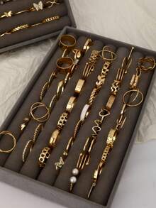 24/66件套女士复古时尚优雅金色戒指套装，包含树叶、心形、蛇形、蝴蝶、方形戒指，适合日常佩戴、派对、婚礼等场合，可叠戴，女士戒指礼盒套装 - 金黃色 - 查看 2