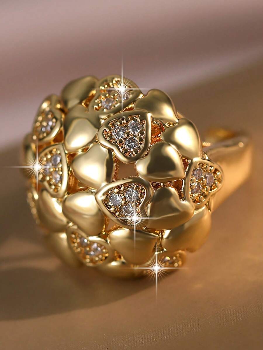 1枚复古风格圆形全心形单戒指，镶嵌奢华立方氧化锆，适合女性订婚、约会、宴会、舞会、派对装饰，铜质首饰礼品 - 愛心 - 查看 1