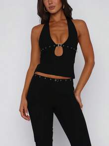 Women's Buckle Halter Top, Y2K Plunge Neck Open Back Crop Tops Front Cut Out Sleeveless Slim Tank Tops Summer Hollowed Vest Shirt For Club Party Streetwear - 黑色 - 查看 1
