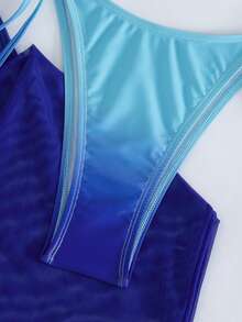 3件套性感渐变黄绿色吊带比基尼套装 - 三角杯上衣 + 系带腰泳裤 + 修身中长裙 | 夏季海滩度假必备泳装 - 藍色 - 查看 6