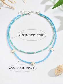 两件套优雅百搭白色仿绿松石海星和仿珍珠串珠多层项链，男女皆宜，适合日常佩戴和海滩度假 - 藍色 - 查看 3
