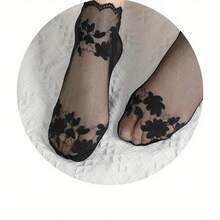 1pair Thin Lace Socks, Short And Mid-Calf Boat Socks, Hollowed-Out Breathable Non-Slip Leaf Mesh. - Black - View 5