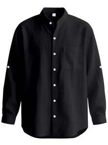 Men's Spring/Summer Linen Stand Collar Long Sleeve Button-Up Shirt, Rolled Sleeve Design, Loose Breathable Stylish, Suitable For Beach Vacation & Casual Daily Wear, Size XS-XXXL, European & American Oversized Fit, Slightly Sheer Fabric, Choose According To Needs And Body Type - Đen và trắng - Xem 3