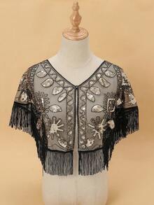 1pc Fringed Sequin Shawl Poncho Outerwear, New Mesh Lightweight Versatile Capelet To Pair With Cheongsam Dress - Multicolor - View 10