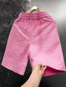 1pc Women's Casual Solid Color Shorts With Small Print Design, Summer - Pink - View 4