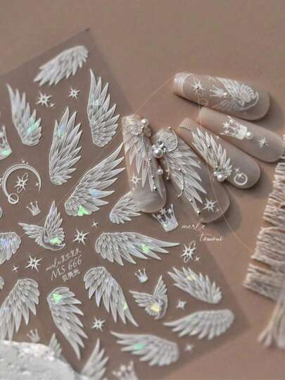 Angel Wings Shell Light Nail Art Stickers Self Adhesive Nail Decals White Wing Nail Decal Swan Crown Nail Decals Manicure Salon