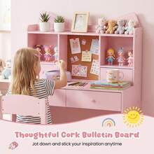 COSTWAY Kids Study Desk And Chair Set, Student Writing Table With Chair, Open Shelves, Cork Bulletin Board & 4 Drawers, Children Computer Workstation For Home School Use, Pink - Pink - View 5