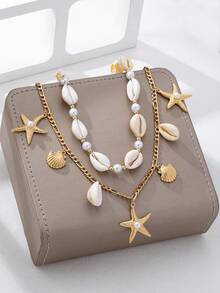 2pcs Bohemian Style Ocean Series Shell & Starfish Beaded Waist Chain For Women - Yellow Gold - View 2